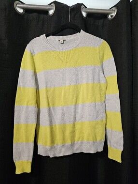 GAP Women's Yellow and Light Gray Striped Crewneck Sweater M